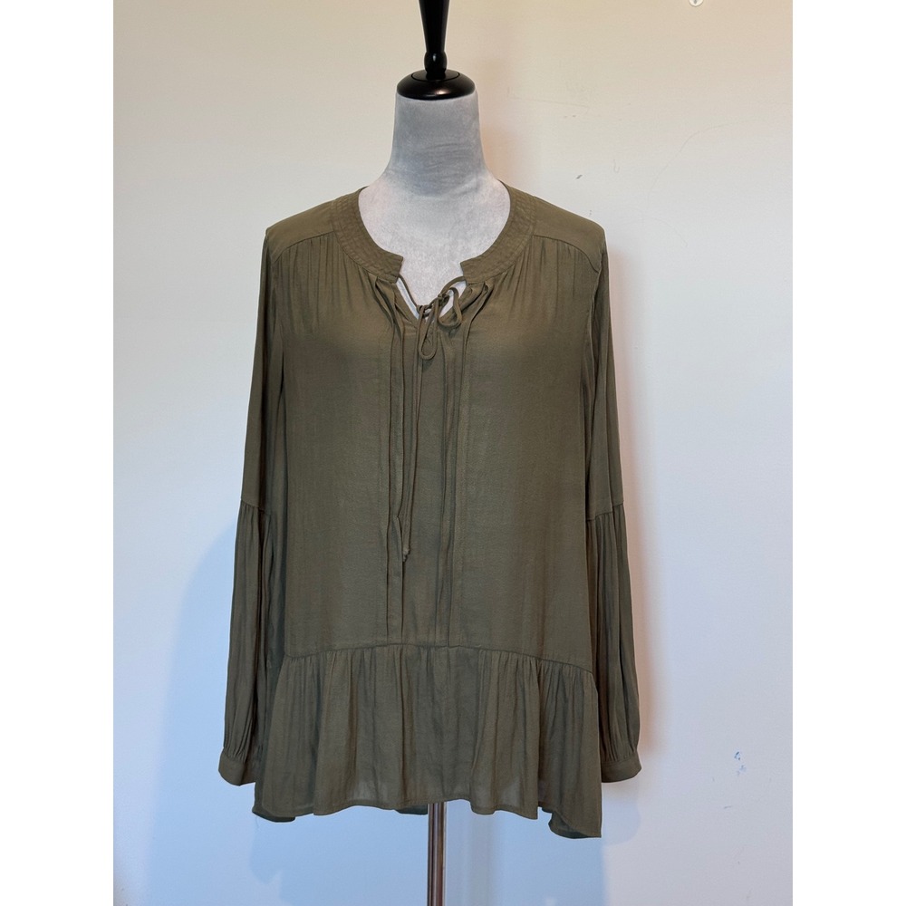 RO & DE anthropology Cottagecore Olive Green Pleated Bishop Peasant peplum top